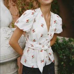 Anthropologie Rose Floral White Puff Sleeve Top with Waist Tie